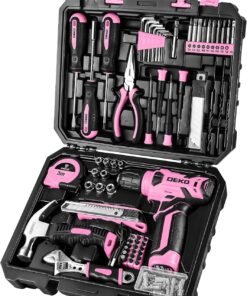 Drill Set: Tool Set with 8V Pink Cordless Drill, Home Tool Kit with Drill, Hand Tool Kits for Women 126 Piece
