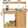 Outdoor Garden Potting Bench Table Work Bench Metal Tabletop W/Cabinet Drawer Open Shelf Natural Wood