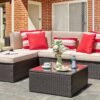 5 Piece Patio Furniture Sets, All-Weather Brown PE Wicker Outdoor Couch Sectional Set, Small Conversation Set for Garden/Patio w/Ottoman, Glass Table, Red Pillow, Beige